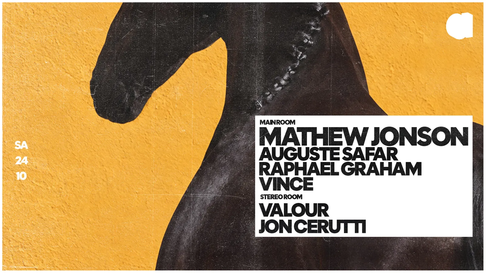 Affiche : Mathew Jonson · VINCE · Auguste Safar & Raphael Graham · VALOUR · JON CERUTTI, à l’Audio Club, samedi 24 octobre